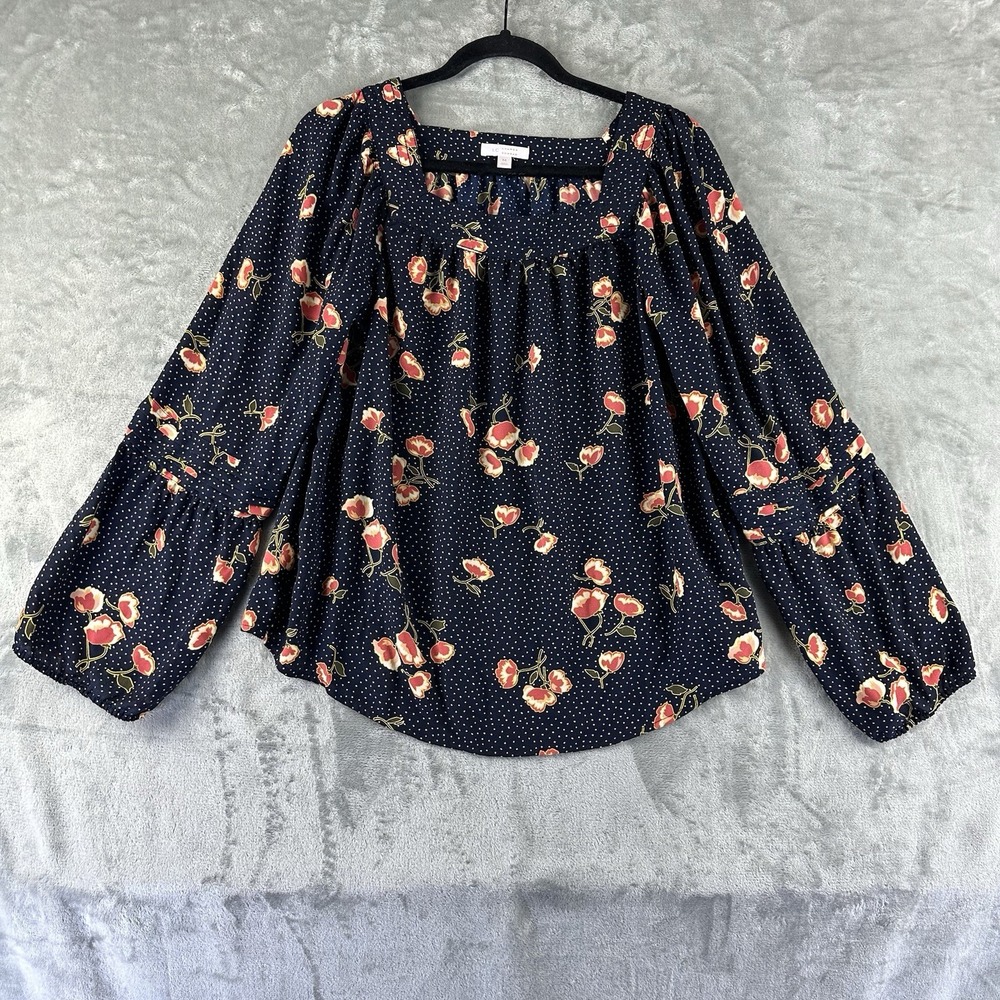 LC Lauren Conrad Blouse Women's M Blue Pink Floral Print Polka Dots Square Neck